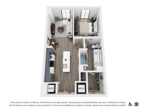 Floor plan for 1 bed, 1 bath, 659 sqft